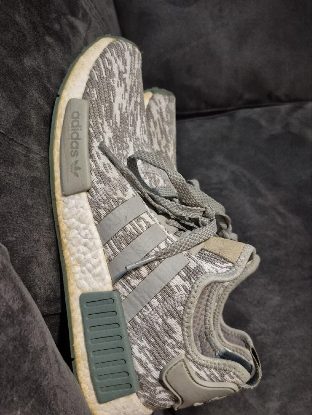 adidas Men’s Gray Knit NMD Sneakers with Green Accents